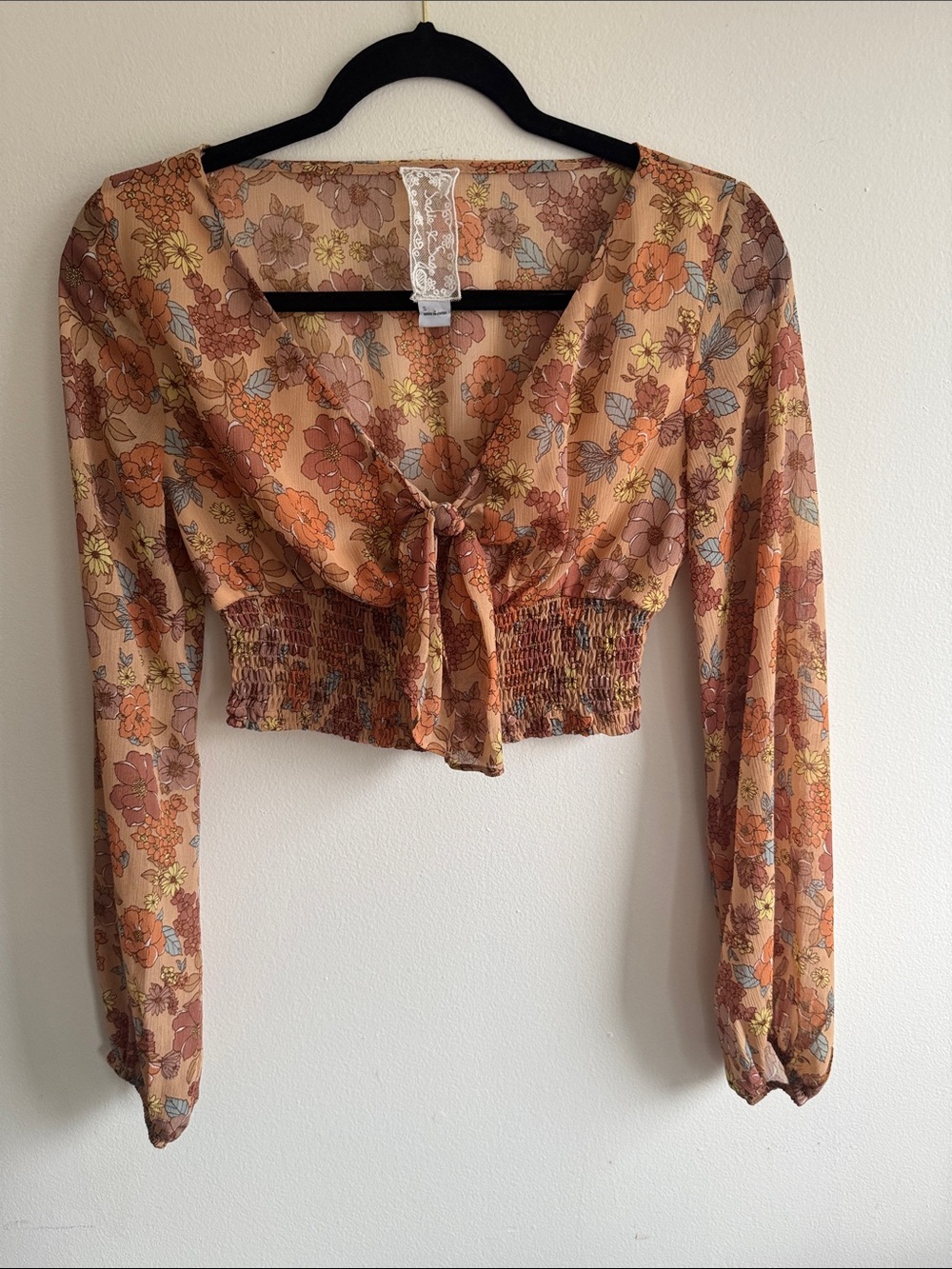 Boho Floral Front Tie Crop Top Indi Coachella Crop Hippie Festival Size XS - Picture 3 of 11